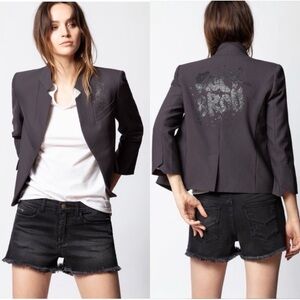 ZADIG & VOLTAIRE Very Bis Rock Embellished Blazer in Dark Gray 38